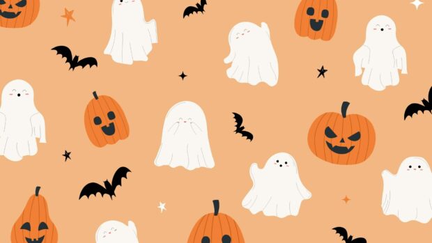 A festive pattern of cute ghosts and jack o' lanterns for Halloween 2025