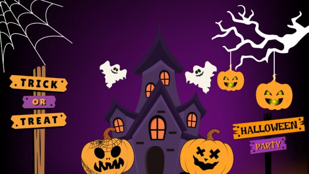 A spooky haunted house with ghosts and jack o' lanterns celebrates Halloween 2025