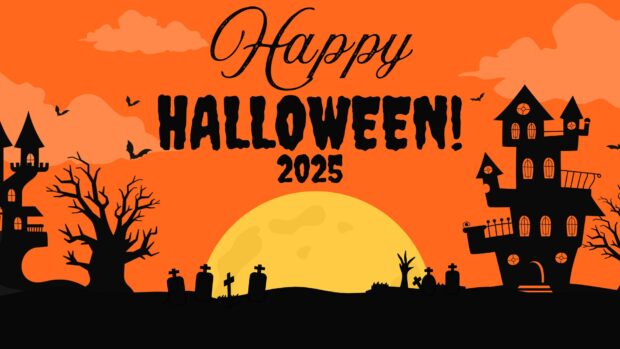 A haunted village silhouette at sunset wishes a happy Halloween 2025