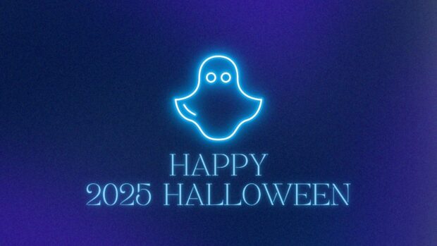 A neon blue ghost icon wishes a Happy Halloween 2025 on a dark background
