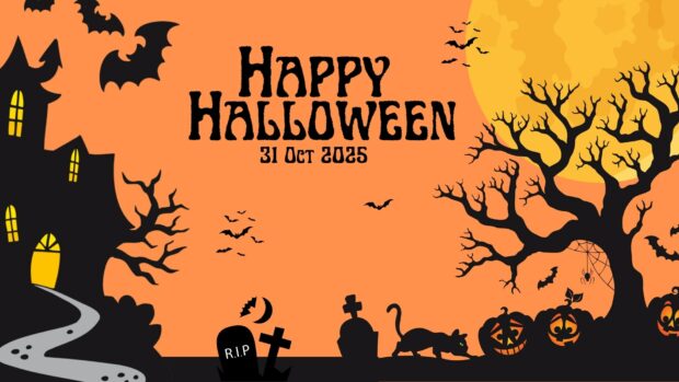 A spooky haunted house scene with a black cat celebrates Halloween 2025
