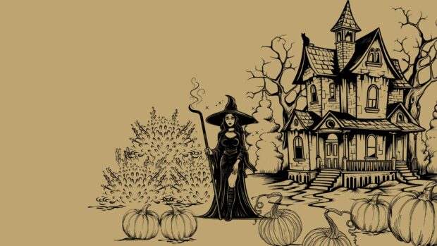 A witch stands before her haunted house and pumpkins for Halloween 2025
