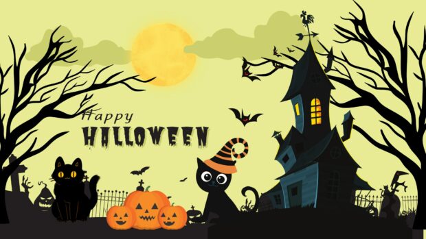 Cute black cats and a haunted house create a happy Halloween 2025 scene