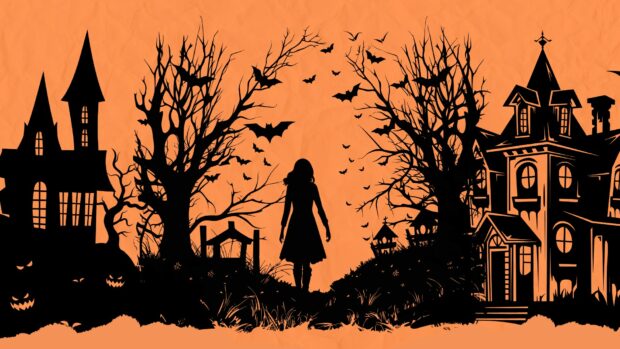 A spooky silhouette of a woman walking through a haunted village for Halloween 2025