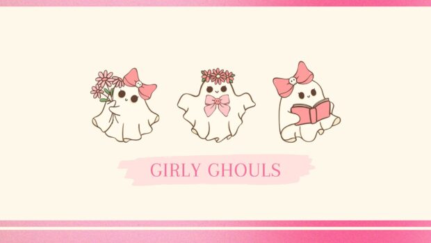 Three adorable girly ghouls with pink bows and flowers for Halloween 2025