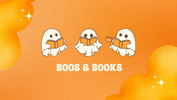 Three cute ghosts reading books for a bookish Halloween 2025