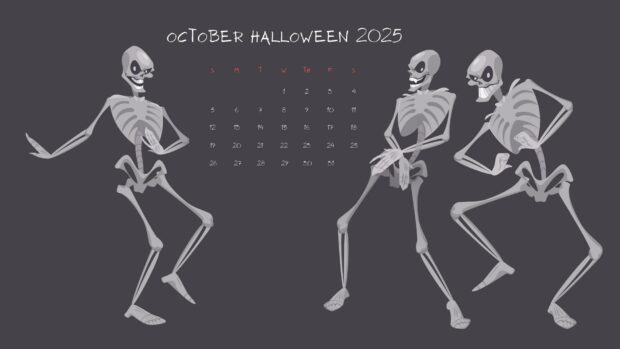 Three dancing skeletons with an October calendar celebrate Halloween 2025