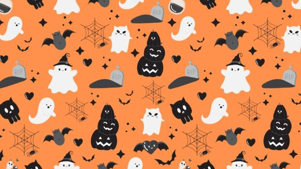 A busy pattern of cute cats, ghosts, and graveyards for Halloween 2025