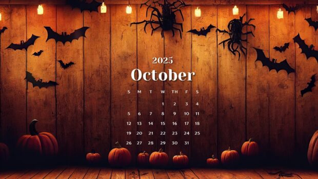 A rustic scene with pumpkins and a calendar for October Halloween 2025