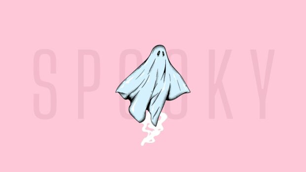 A spooky ghost illustration on a pink background for Halloween 2025