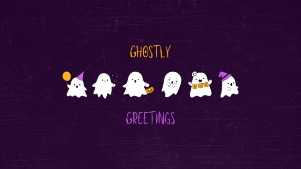 Cute ghostly greetings with six cartoon ghosts celebrating Halloween 2025