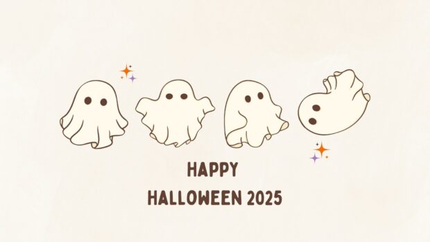 Four adorable cartoon ghosts wish you a Happy Halloween 2025