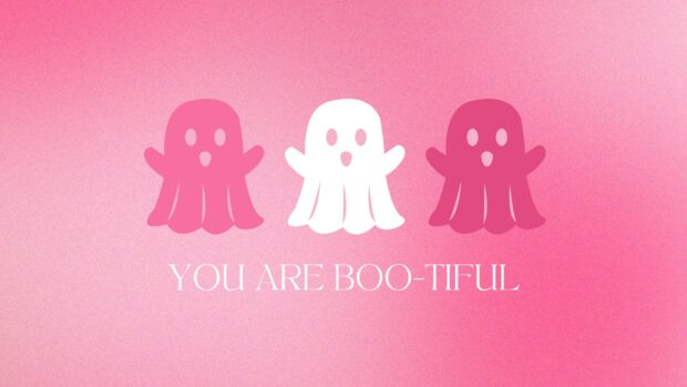 Three boo tiful ghosts on a pink background for a cute Halloween 2025
