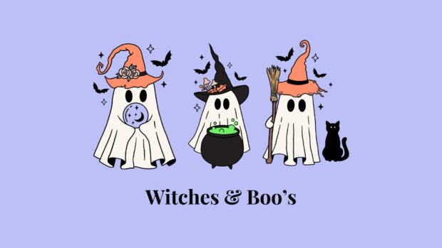 Three cute ghosts in witch hats with a black cat for Halloween 2025