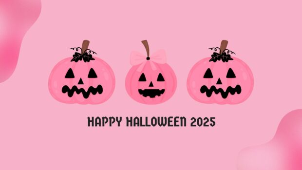 Three cute pink jack o' lanterns wish a happy Halloween 2025