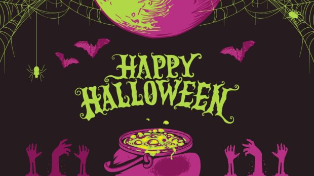 A vibrant retro style cauldron and zombie hands for a happy Halloween 2025