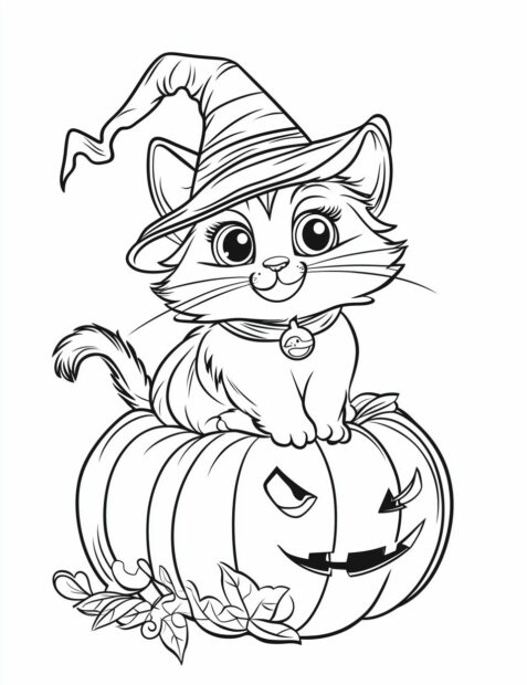A cute Halloween cat in a witch hat sits on a grumpy jack o' lantern