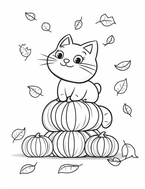 A cute Halloween cat sitting on a stack of pumpkins with falling leaves