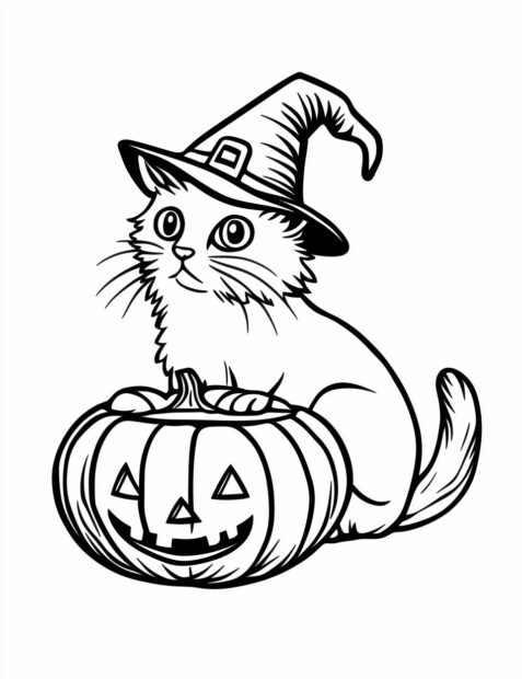 A fluffy Halloween cat in a witch hat sitting on a jack o' lantern