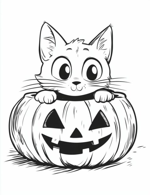 A cute big eyed Halloween cat peeking out of a spooky jack o' lantern