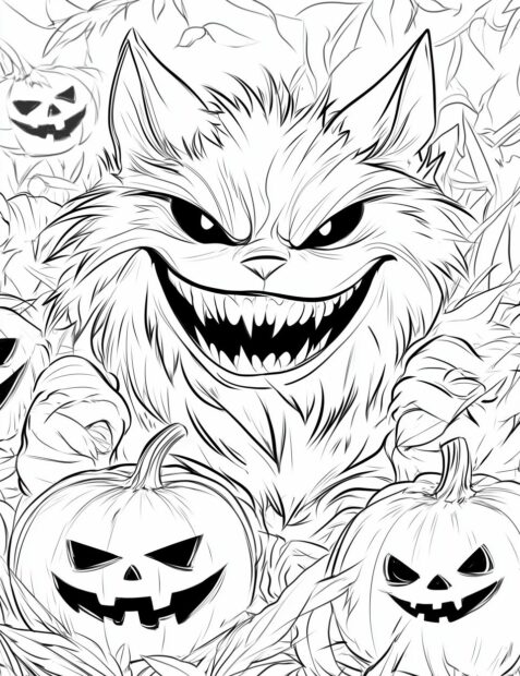 A terrifying Halloween cat with a huge grin surrounded by jack o' lanterns
