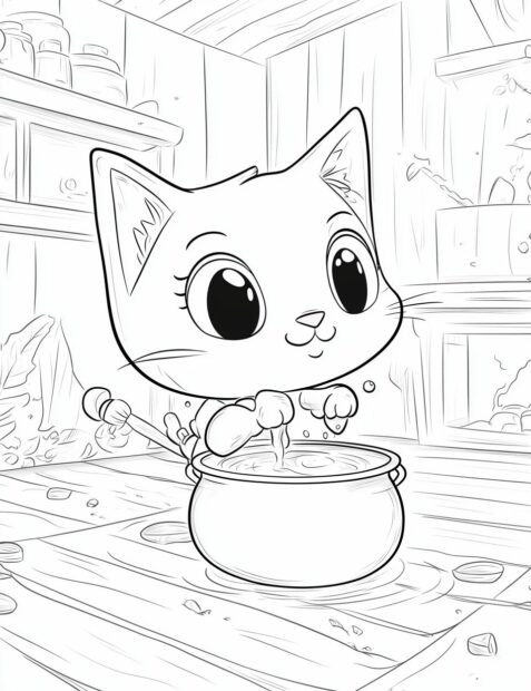 An adorable big eyed Halloween cat stirring a cauldron with a small broom