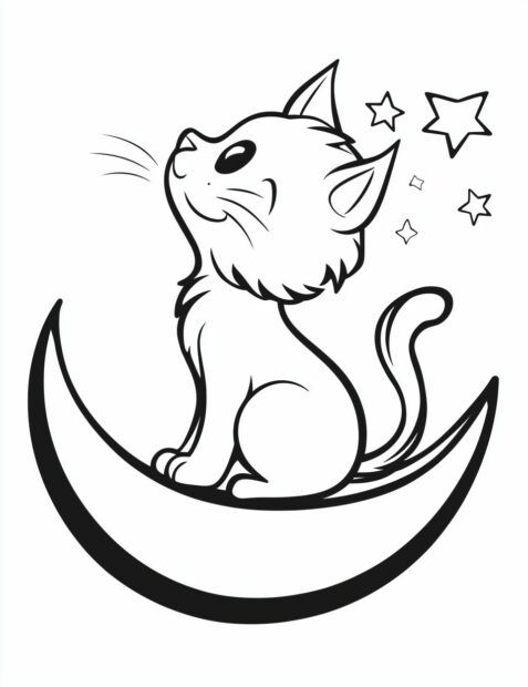 A cute cartoon Halloween cat sitting on a crescent moon in a sky full of stars