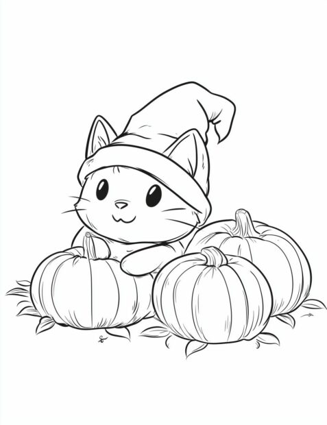 An adorable Halloween cat wearing a witch hat sits among three pumpkins