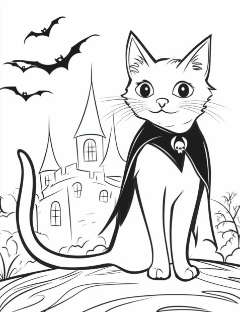 An elegant Halloween cat wearing a vampire cape with a skull clasp near a castle