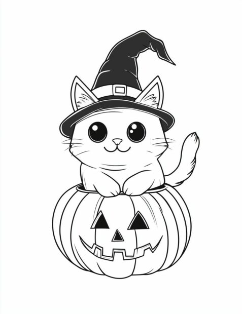 A cute Halloween cat wearing a witch hat and hiding inside a jack o' lantern
