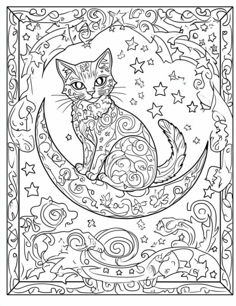 A detailed mandala style Halloween cat sitting on a crescent moon with stars