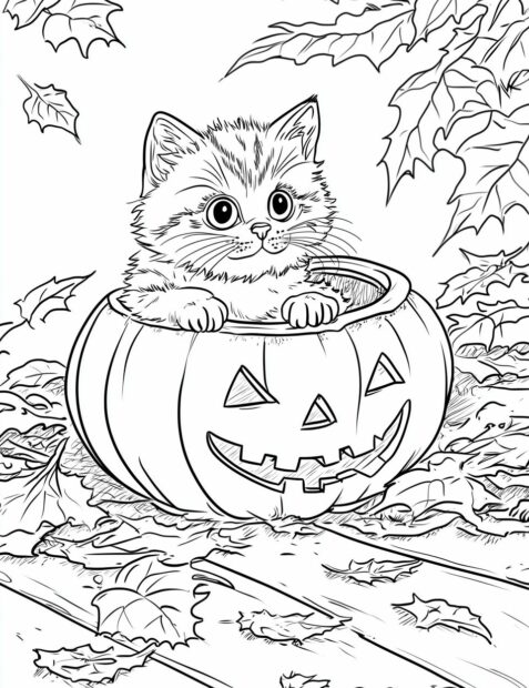 A fluffy Halloween cat peeks from a jack o' lantern surrounded by autumn leaves
