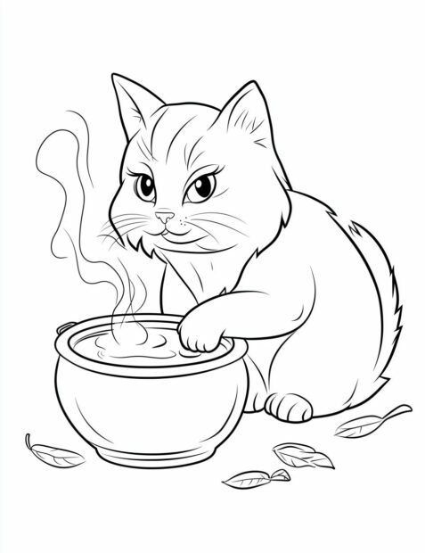 A magical Halloween cat checks its bubbling cauldron of potion