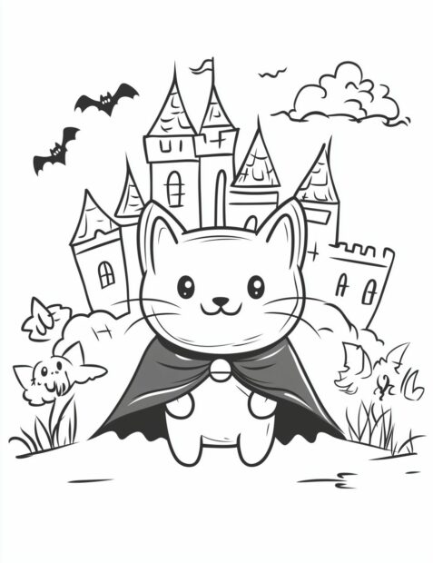 A cute Halloween cat wearing a vampire cape in front of a castle