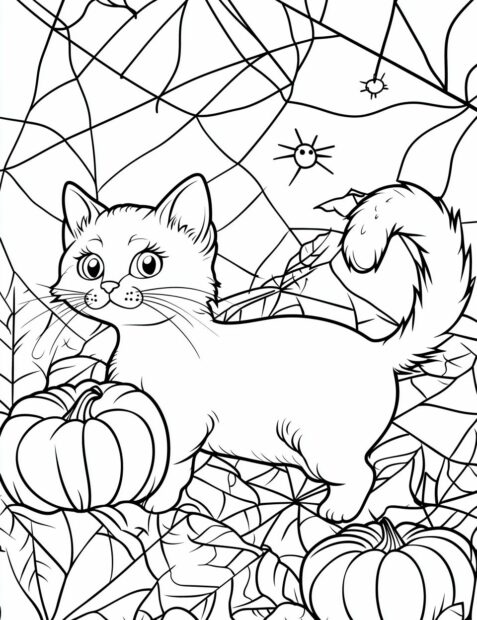 A playful Halloween cat explores a patch of pumpkins and cobwebs