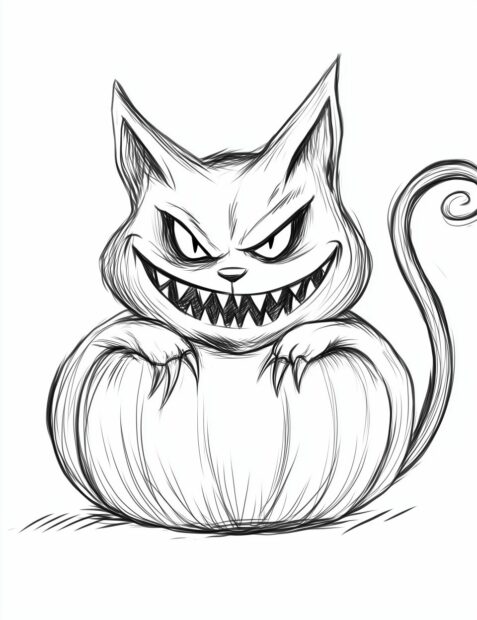 A terrifying Halloween cat with a huge grin surrounded by jack o' lanterns