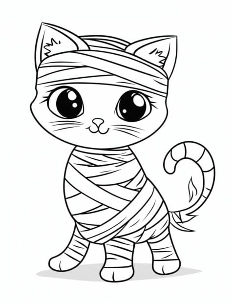 An adorable Halloween cat dressed as a mummy with big eyes