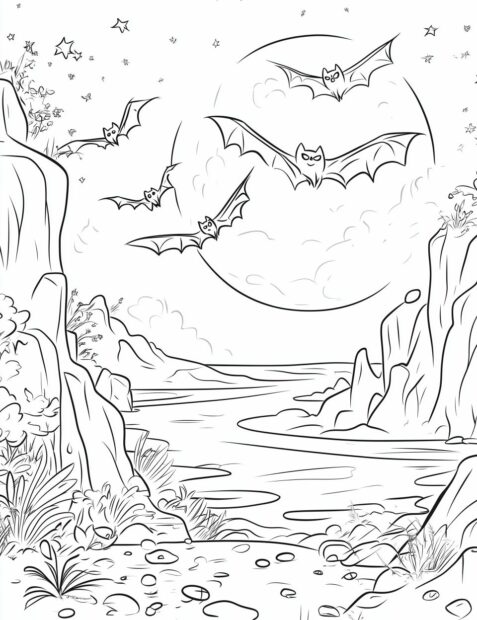 A spooky Halloween night scene with bats flying over a river under a full moon