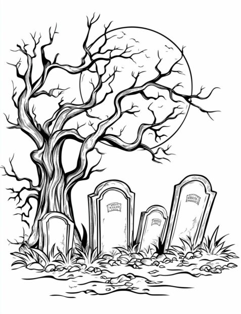 A spooky graveyard scene with a gnarled tree and tombstones under a full moon for Halloween