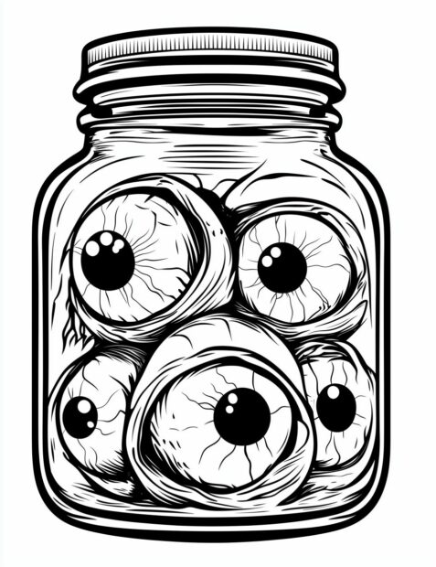 A creepy jar filled with spooky eyeballs, a classic Halloween decoration to color