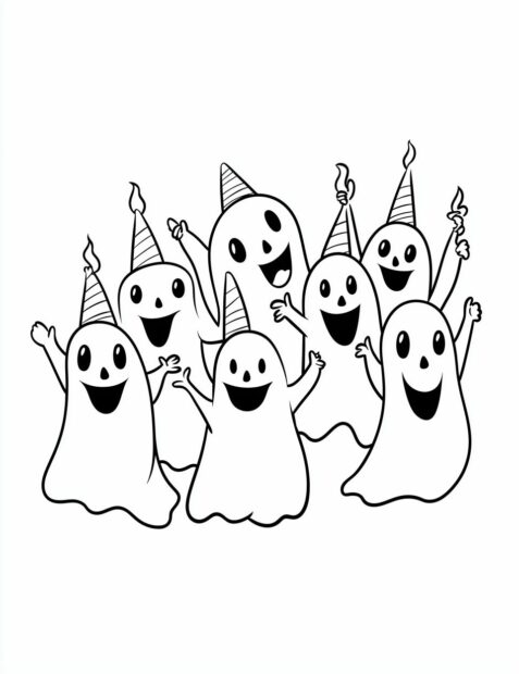 A group of cheerful ghosts wearing party hats and celebrating Halloween together