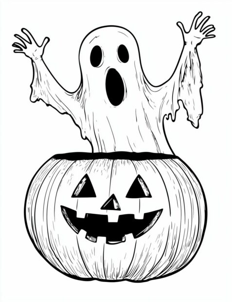 A spooky ghost jumps out of a jack o' lantern for a fun Halloween surprise