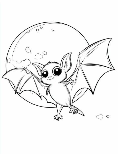 A cute bat with big eyes happily flying in the Halloween night sky with a full moon