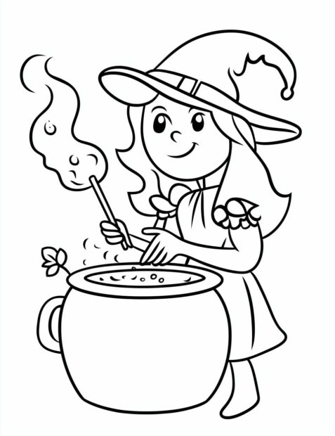 A friendly young witch stirs her bubbling cauldron, making a special Halloween potion