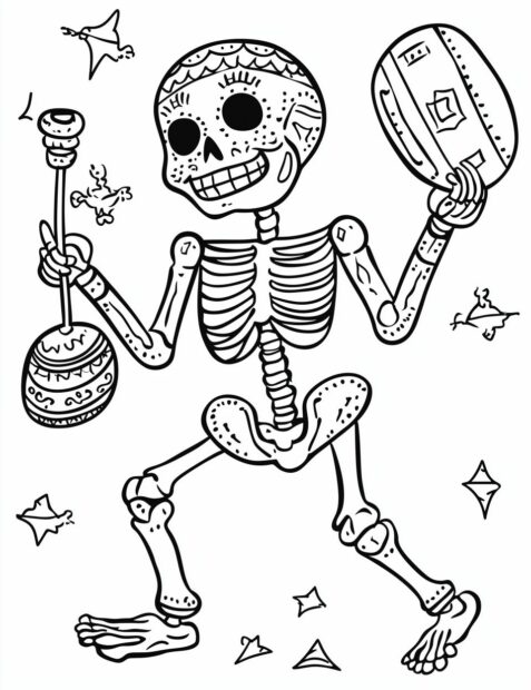 A joyful skeleton celebrating Halloween with maracas in a festive dance