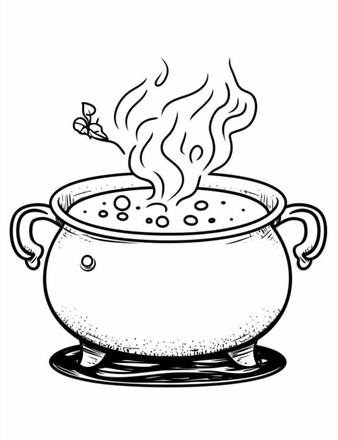 A witch's cauldron bubbles with a magical potion for a spooky Halloween night
