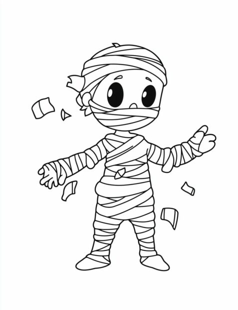 A cute and friendly mummy character with unraveling bandages for kids to color on Halloween