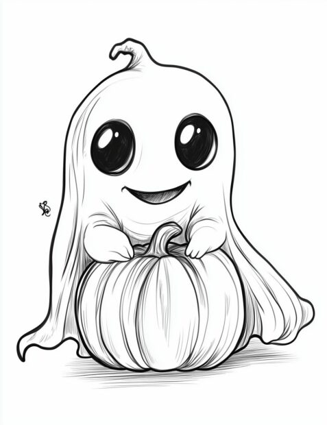 An adorable big eyed ghost hugs a pumpkin for a cute Halloween scene