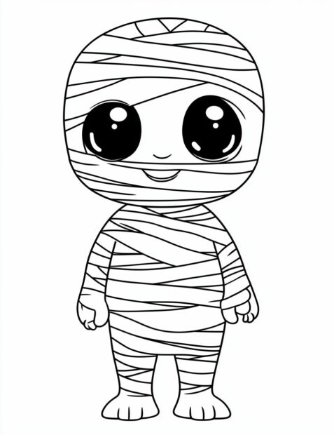 A cute and friendly mummy character with big eyes for kids to color on Halloween