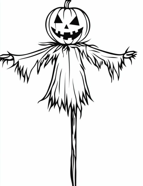 A creepy Halloween scarecrow with a jack o lantern head, 2d outline
